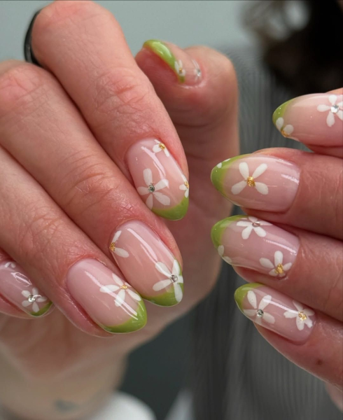 Green French manicure with floral nail art
